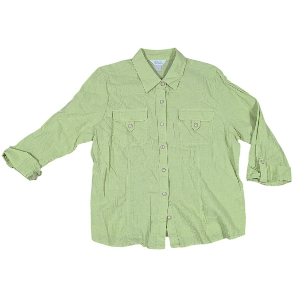 CJ‎ Banks Linen Blend Button Up Shirt Lime Green 1X 3/4 Sleeve Utility / Shacket